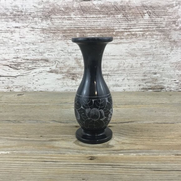 Black and Gray Marble Floral Etched Bud Vase – 5” Tall - Picture 3 of 7